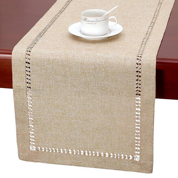 Shop Grelucgo Handmade Beige Hemstitch Table Runner - 14x60 Inch Dresser Scarf for Elegant Home Decor