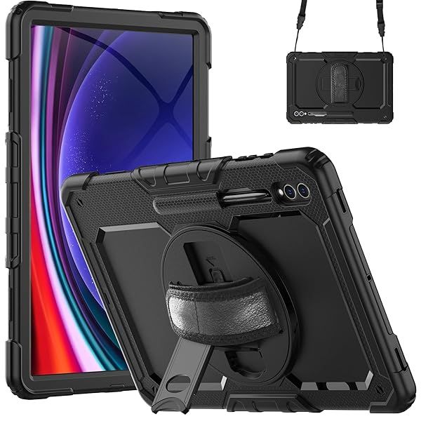 Gylint Case for S10 Ultra Tab S9 S8 14.6 Inch with Screen Protector Hand Strap Shoulder Strap Rotating Stand and Pen Holder Black