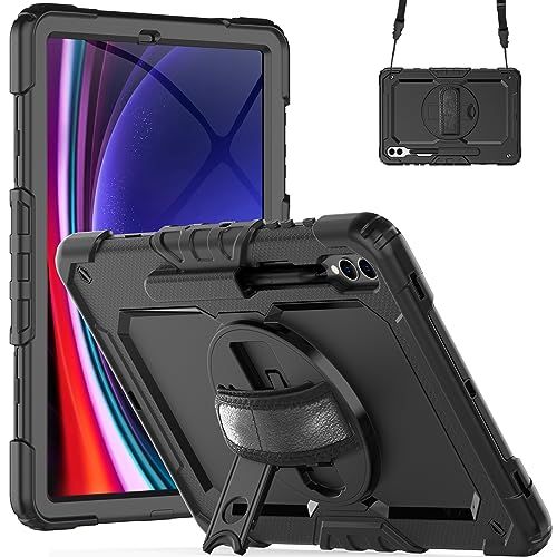 Gylint Case for Samsung Galaxy Tab S10 Plus S9 FE Plus 12.4 Inch with Screen Protector Hand Strap Shoulder Strap Rotating Stand and Pen Holder Black