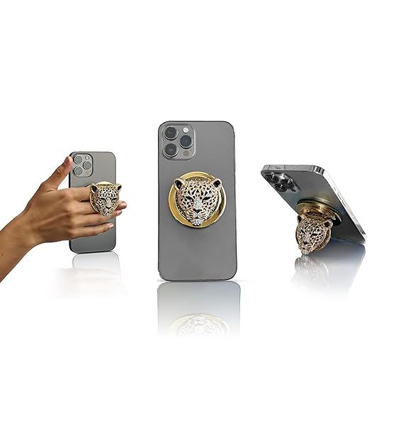 HANDL O MagSafe Jewel Cheetah Phone Grip and Stand Removable Magnetic Grip, Retractable Finger Holder POPL Tap-to-Share Contact Tech