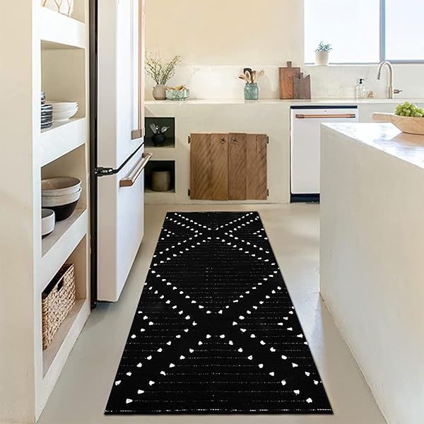 HAOCOO Moroccan Washable Runner Rug, 2'x6' Modern Geometric Hallway, Woven Cotton Diamond Kitchen Floor Carpet, Black Area for Entryway Bedroom