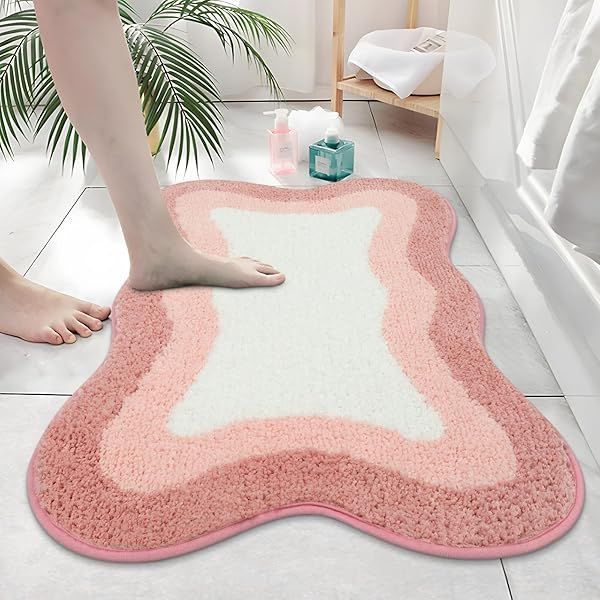 HAOCOO Pink Bathroom Rugs Non Slip 20X31 inch, Ultra Soft Absorbent Irregular Shape Bath Rug, Microfiber Washable Non-Slip Bathmat Boho Decor for