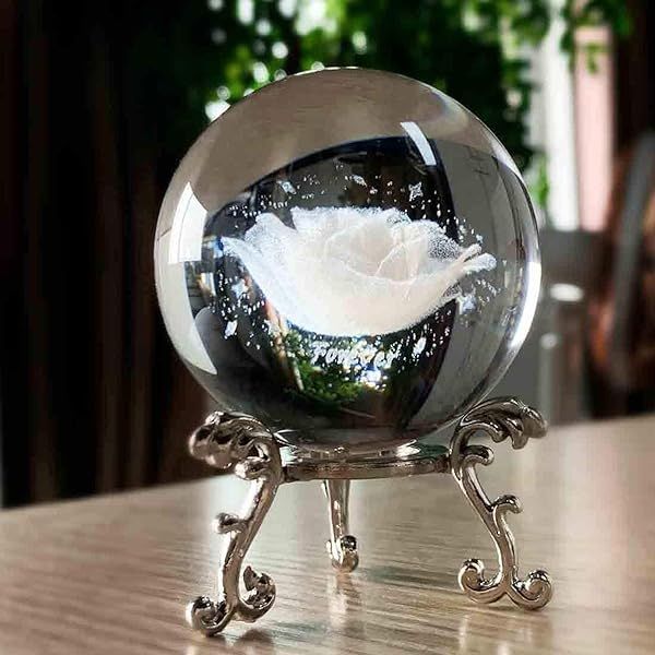 HDCRYSTALGIFTS 60mm 3D Carved Rose Crystal Ball Paperweight - Elegant Feng Shui Home Decor with Silver Stand