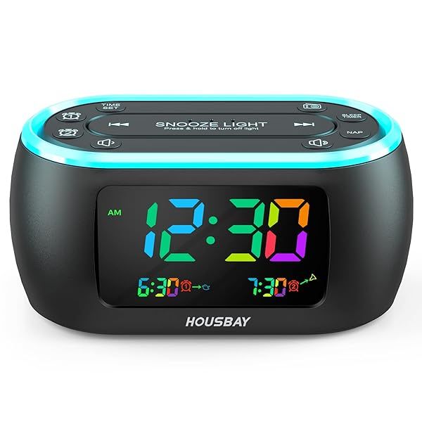 HOUSBAY 3 in 1 Alarm Clock for Bedrooms- Clock Radio and Night Light, Rainbow Digit, Dual Alarm, Small Radio Alarm Clock for Kids, Teens
