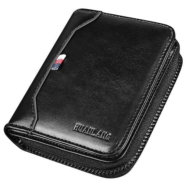 HUANLANG Men's RFID Blocking Bifold Wallet - Compact Leather Multi Card Holder with Zipper