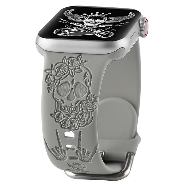 Spooky Halloween Floral Engraved Silicone Bands for Apple Watch 38mm 40mm 41mm - Skull Pattern Sport Straps for Men & Women