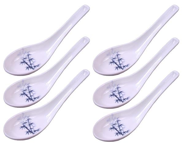 Happy Sales 6-Pack Melamine Spoons: Blue Bamboo Design for Soba, Rice & Won Ton Soup