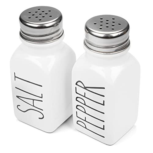 Heartland Home Farmhouse Ceramic Salt and Pepper Shakers Set 100 Percent Stoneware Kitchen Essential with Extra Lids White Shaker Set