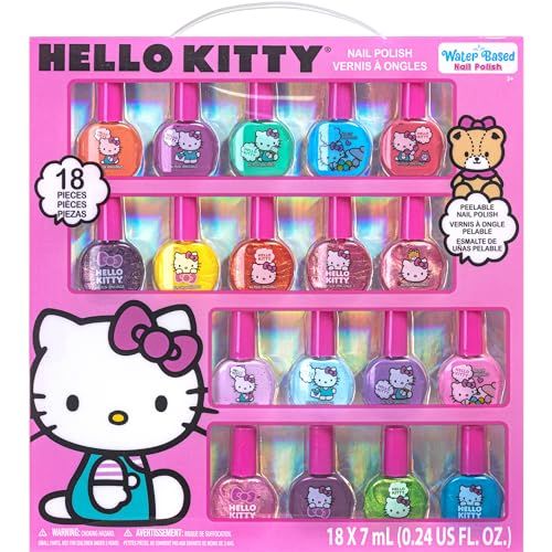 Hello Kitty Non-Toxic Peel-Off Nail Polish Set for Kids - 18 Glittery Colors for Parties & Sleepovers