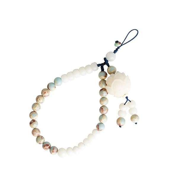 Stylish Hemobllo Phone Lanyard with Chinese Stone Bodhi Beads - Green & White Wrist Strap for Mobile Phones