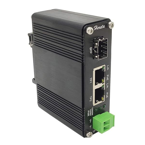 Hereta Gigabit Industrial Ethernet Media Converter POE+ 30W - 2 RJ45 & 1 SFP Port, Aluminum Case, 12-48V DC Input
