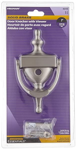 The Hillman Group 7 Inch Door Knocker with 160 Degree Viewer Solid Brass Satin Nickel Finish 1 Pack