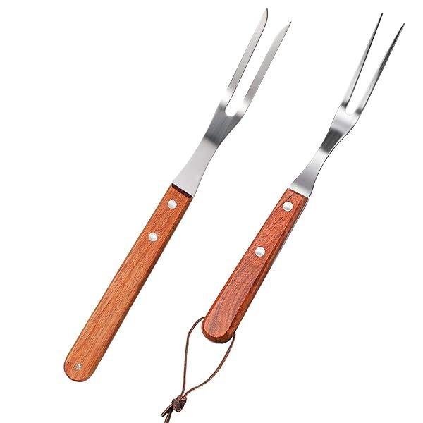 Honoson 2 Pack Stainless Steel Meat Forks with Rosewood Handle for Kitchen Barbecue Cooking Grilling and Roasting 13 Inch and 10 Inch