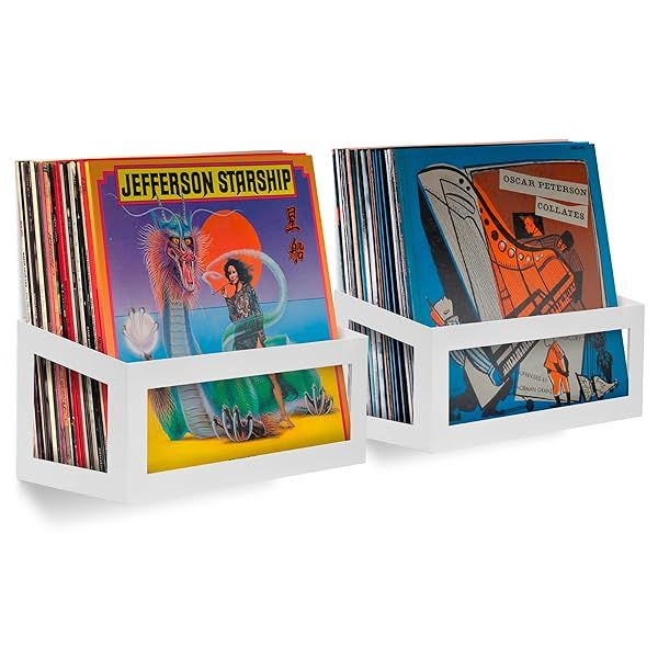 Hudson Hi-Fi Vinyl Display Holder - 2 Pack Wall Mount for 25 LPs, Solid Steel Record Shelf in White Pearl