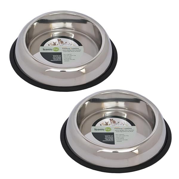 ICONIC PET Heavy Weight Non-Skid Stainless Steel Pet Food Water Bowls 2 Pack with Removable Rubber Ring Dishwasher Safe Unique Design