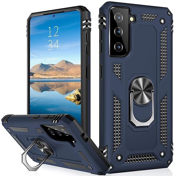 IKAZZ Galaxy S21 Case Military Grade Shockproof Heavy Duty Phone Cover with Magnetic Kickstand Blue