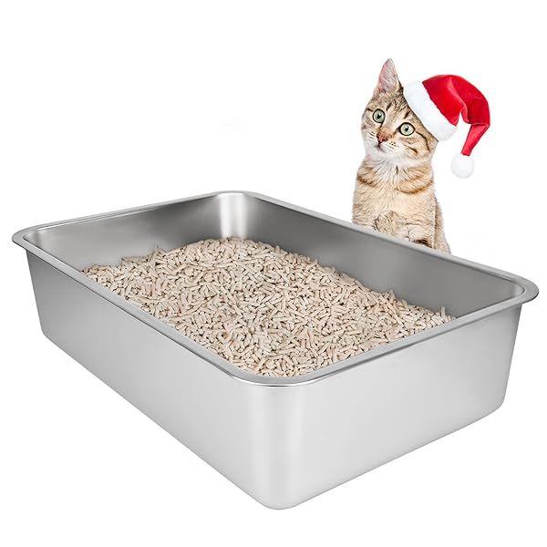 IKITCHEN Large Stainless Steel Cat Litter Box Odor Free Stain Resistant Rustproof Non Stick with Anti-slip Bottom 19.5L x 13.5W x 6H