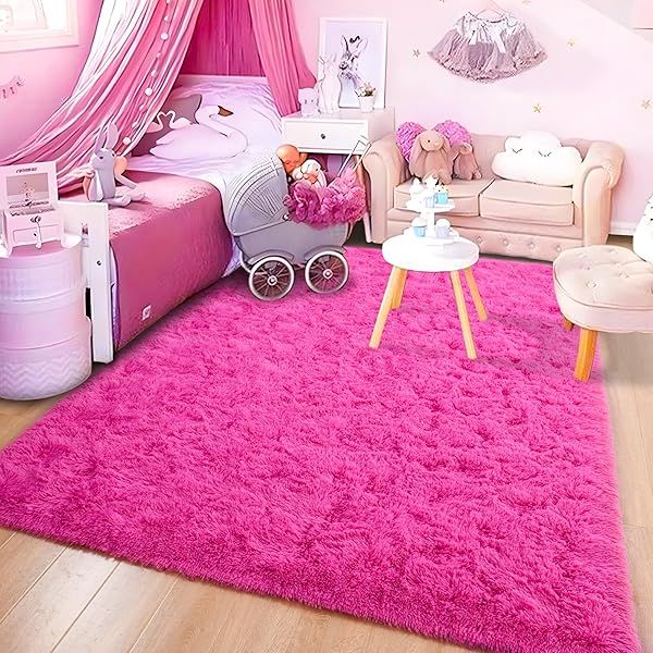 ISEAU Fluffy Hot Pink Rug Soft Shaggy Area Carpet Indoor Floor Mat for Kids Room Nursery Bedroom Living Room Home Decor 3ft x 5ft