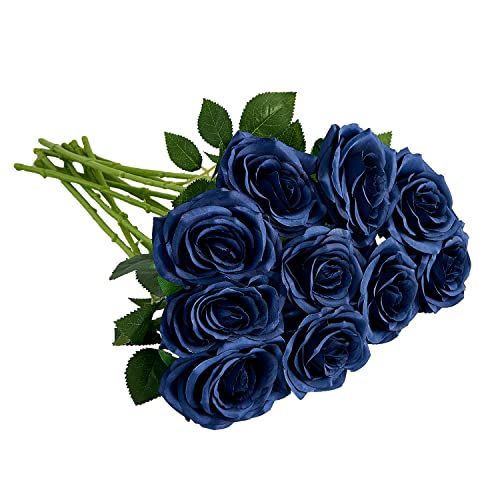 IUKnot 10pcs Navy Blue Artificial Rose Bouquet Faux Silk Flowers for Wedding Arrangements and Centerpieces