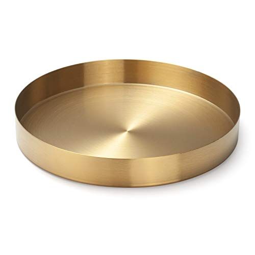"IVAILEX 8.6" Round Gold Stainless Steel Tray for Jewelry, Makeup & Candles - Elegant Decorative Plate"