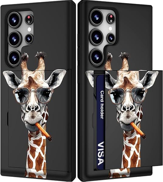 IWONE Samsung Galaxy S24 Ultra Case Cute Card Holder Shockproof Slim Wallet Giraffe Glasses Smoking Animal Design