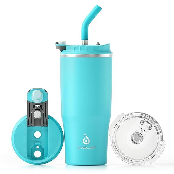 Ideus 24oz Insulated Travel Coffee Tumbler Stainless Steel Mug with Lids and Straw Double Wall Vacuum Flask Sky Blue for Men and Women