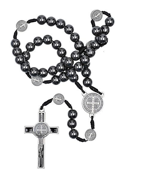 Intercession Hematite Rosary with St. Benedict - 8mm Beads on Cord, Handmade in Brazil