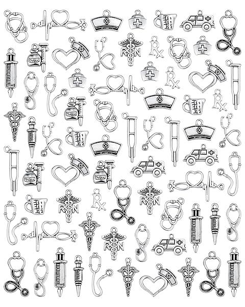 JIALEEY 72 PCS Medical Nurse Charms Stethoscope Syringe Cap Pendants for DIY Necklace Bracelet Jewelry Making Crafting
