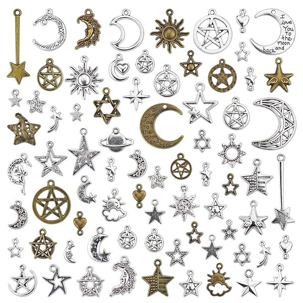 JIALEEY Celestial Charms: Wholesale Sun Moon Star Pendants for DIY Jewelry Making - 74PCS Antique Alloy in 100g Bulk
