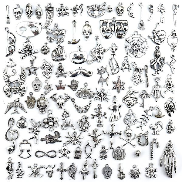 JIALEEY 100 PCS Halloween Skull Skeleton Charms - Silver Plated DIY Jewelry Making & Crafting Supplies