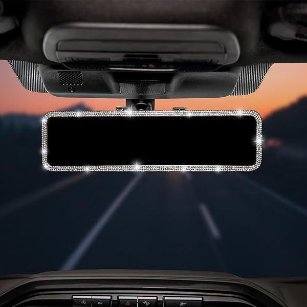 JOYTUTUS Rear View Mirror, Universal 11.81 Inch Panoramic Rearview Accessories with Bling Rhinestones Crystal Diamonds Edge, Interior Clip-on Wide