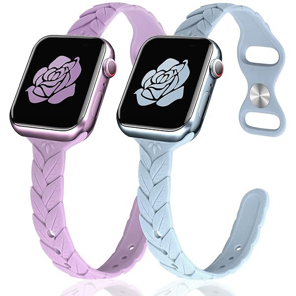 JR.DM 2 Pack Engraved Silicone-Bands Compatible with Apple Watch Band 38mm 40mm 41mm 42mm 44mm 45mm 46mm 49mm, Slim Feminine Fashion Leaf Waterproof