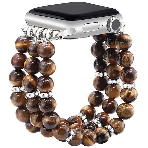 JR.DM Natural Stone Beaded Bands for Apple Watch Series 1-9 | Boho Tiger Eye Stretch Bracelet for Women