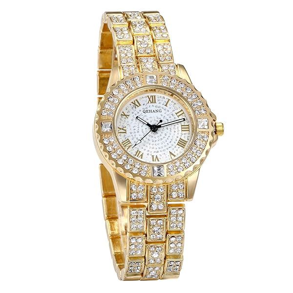 JewelryWe Women Gold Tone Alloy Quartz Watch Stylish Rhinestone Bling Dress Wristwatch