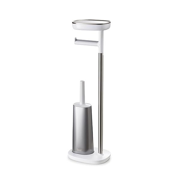 Joseph Joseph 70519 EasyStore Butler: Stylish Toilet Paper Holder & Flex Brush with Shelf - Stainless Steel Storage Solution
