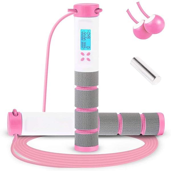 Digital Weighted Jump Rope with Calorie Counter - Adjustable Speed Skipping Rope for Fitness Training (Pink)