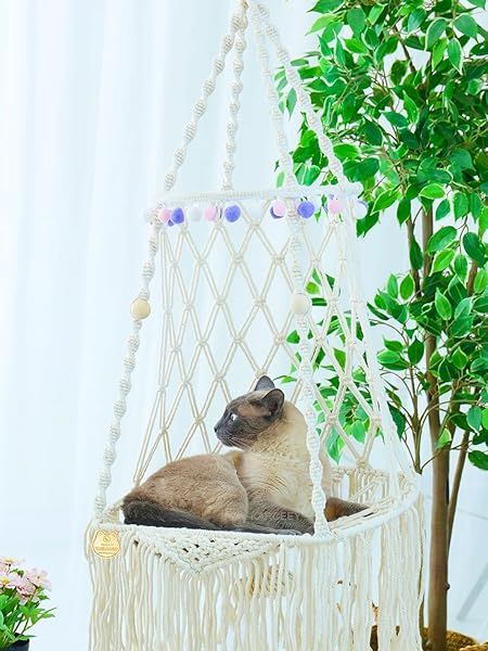 KARCEEY Macrame Cat Hammock Hanging Bed Window Perch with Catnip Mat for Indoor and Outdoor Use