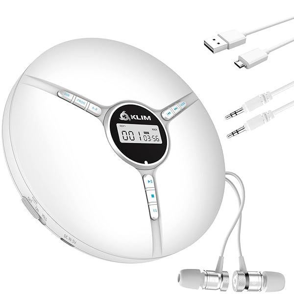 KLIM Discman Portable CD Player with Headphones Built-in Battery Compatible with SD Card CD MP3 WMA 5 EQ Effects White