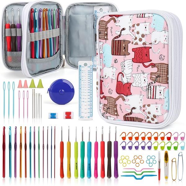 Katech Crochet Hooks Kit 85 Piece Ergonomic Needles Weave Yarn DIY Knitting Tools for Beginners and Experienced Crafters