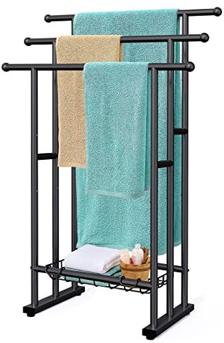 Kayfia 40" H Free Standing Towel Rack, 3 Tier Alloy Steel Stand with Basket, Blanket Drying and Display Rack for Oversized Bath Towels Bathroom