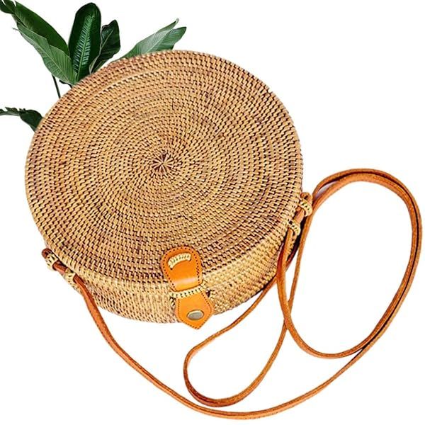 Handmade Kbinter Round Rattan Straw Bag for Women - Chic Boho Shoulder Purse with Leather Straps