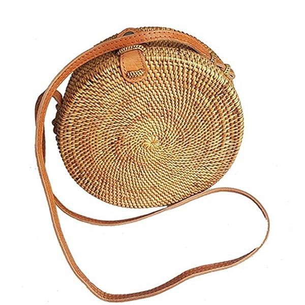 Handmade Kbinter Round Rattan Straw Bag for Women - Chic Boho Shoulder Purse with Leather Straps