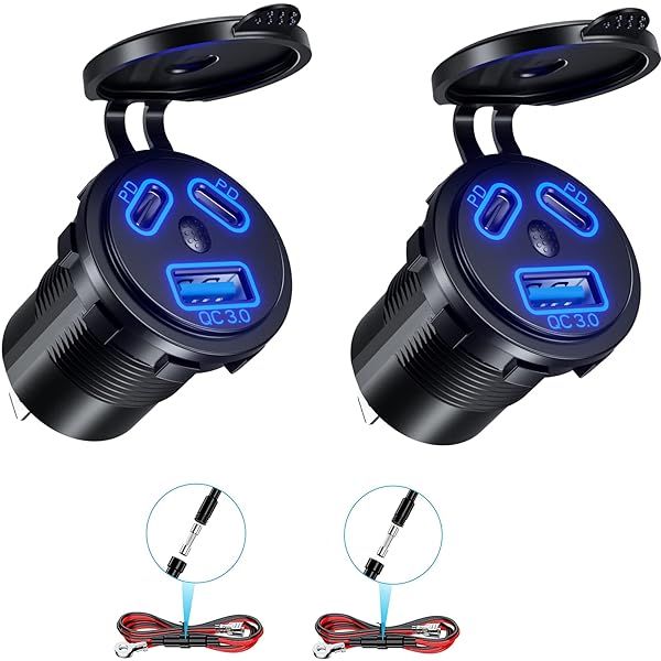 Kewig 2 Pack 12V USB Outlet Wired Charger Multi Port, Dual PD3.0 and QC 3.0 Multiple Port for Car, USB Socket with Power Switch, Fast Charger for