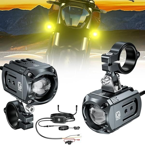 Kewig Motorcycle Auxiliary LED Light Kit Driving Spotlights White Amber Fog Light with Mount Brackets Wire Harness Waterproof 60W Offroad Work Lights