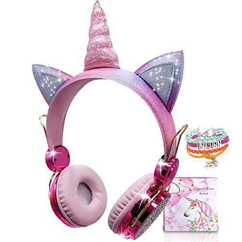 TCJJ Kids Unicorn Headphones Wireless Bluetooth Headset for Girls Adjustable Over Ear for Smartphones School Kindle Tablet PC Pink