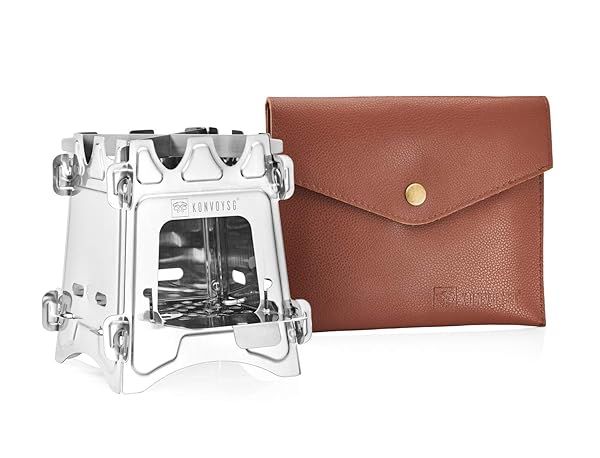 KonvoySG Compact Wood Burning Camping Stove - Lightweight Stainless Steel with Leather Pouch for Backpacking