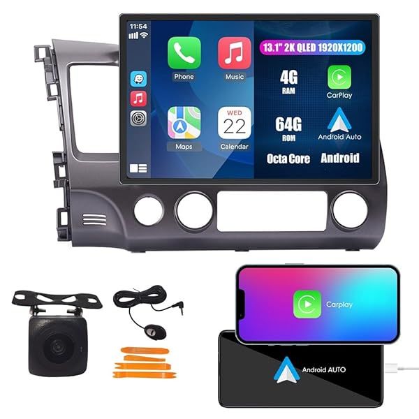 Kunfine Car CarPlay Android Auto Navigation Stereo GPS Radio Reverse Camera Display 13.1" QLED Touchscreen Headunit Tablet Pad Media Player for Honda
