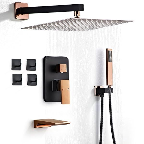 LCEVCGK Matte Black and Rose Gold Shower Faucet Set with 10 Inch Rainfall Shower Head and Handheld Shower for Bathroom Wall Mounted
