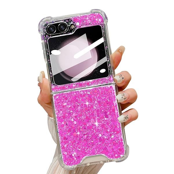LCHULLE Bling Glitter Case for Samsung Galaxy Z Flip 6 Cute Soft Silicone Shockproof Cover with Sequin Stars in Rose Pink