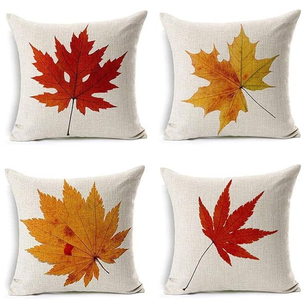 LEIOH Fall Decor: 18x18 Maple Leaf Cushion Covers - Set of 4 Autumn Throw Pillows for Sofa & Home